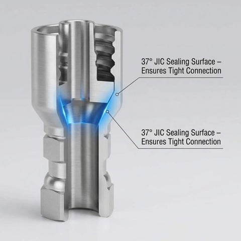QWORK 12-pack 3/8-inch JIC 37° female swivel hydraulic fittings, steel crimp connectors; cutaway view shows sealing surfaces