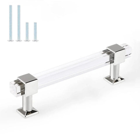 10 Pack Modern Acrylic Cabinet Handles With Clear Square Tube And Polished Chrome Base, 4 Inch Hole Centers, 5.3 Inch Total Length