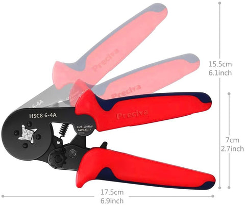 Ferrule Crimping Tool Kit With 1200 Insulated Terminals showing red self-adjusting ratchet crimp tool dimensions