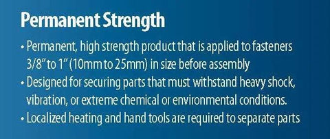 Permanent Strength Threadlocker Red For Three Eighths To One Inch Fasteners, 6 ml instructions text on blue background