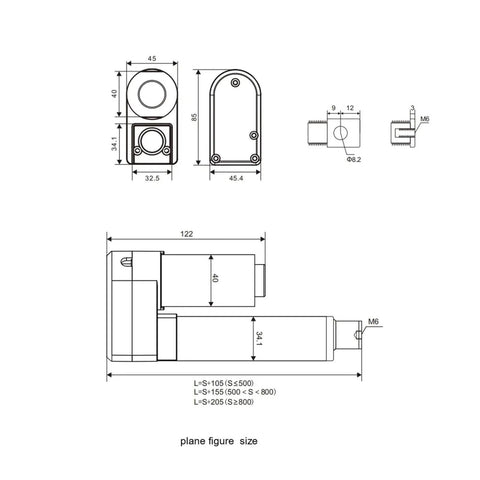 Technical drawing of Beefy 24V DC Linear Actuator With 1500N Lift Power 100mm To 350mm Stroke Options Flat Mount Type