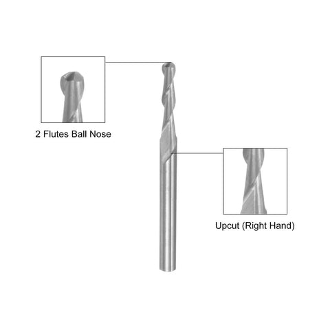 Top Notch Ball Nose End Mills Set For CNC Router Bits By Uxcell Ten Piece Kit With One Eighth Inch Shank Diameters 1.0mm To 3.175mm Spiral Upcut Two Flutes Solid Carbide Cutter For PCB Acrylic Plastic Wood Aluminum Engraving And Milling showing detailed close-up of 2 flutes ball nose and upcut right hand features