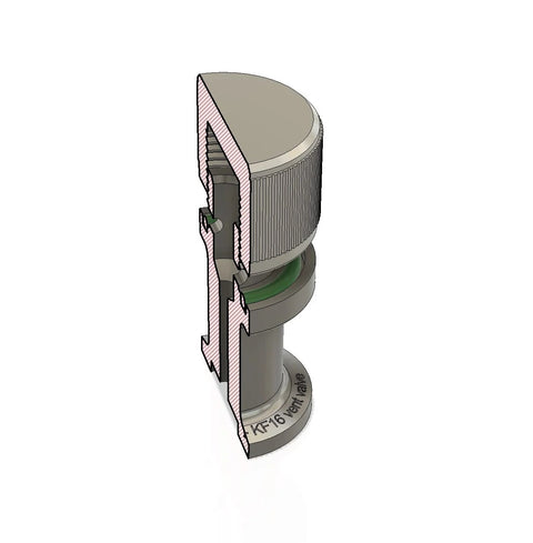 KF16 flange vent valve cutaway: pink housing, gray body, green gasket