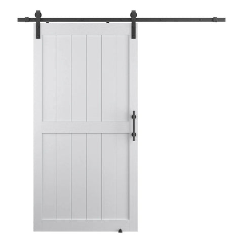 42 By 84 Inch Sliding Barn Door With Seven Foot Hardware Kit And Handle, Floor Guides, Pre Drilled Holes, Easy Assembly, Waterproof PVC Surface, H Frame, White Finish, DIY Friendly Installation Manual Included