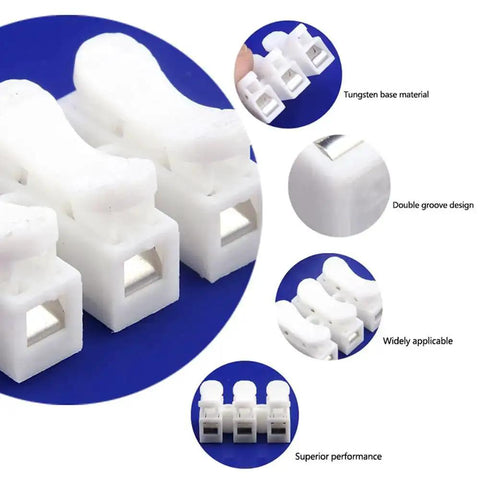 Close-up of two or three hole terminal block wire connector with push in screwless clamp, durable white plastic design