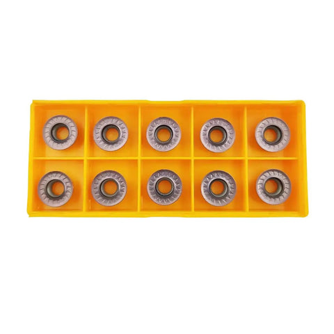 11 Piece Pro Grade RPMT1204MOE Indexable Carbide Milling Inserts Set in yellow holder tray for metalworking lathe tool use