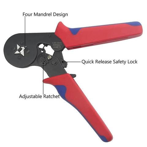 All In One Wire Ferrule Kit With Crimp Terminals And Self Adjustable Ratchet Tool, featuring a four mandrel design and safety lock.