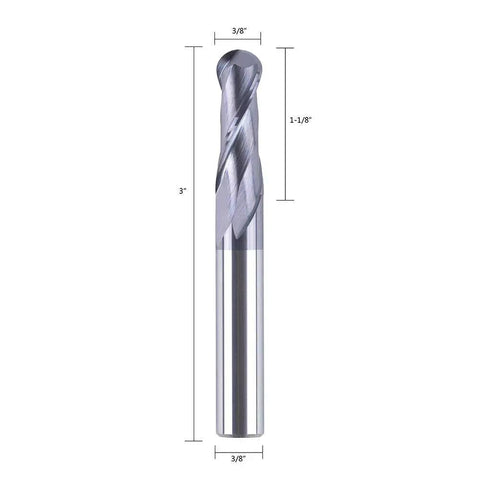 Ball Nose Carbide End Mill CNC Cutter Router Bit With Beefy 3/8 Inch Shank And 3/8 Inch Cutting Diameter Double Flute TiAlN Coated Milling Tool