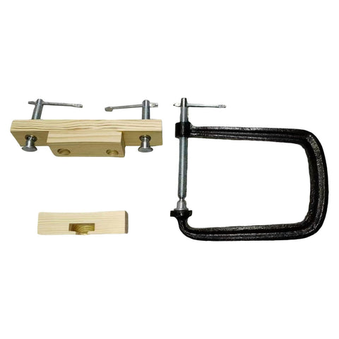 Easy Use Acoustic Guitar Bridge Install Clamp Kit For Folk Guitars, Glue And Seam Repair Tool, showing metal clamp and accessories.