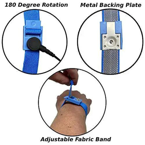 Adjustable wrist strap for All In One Dual Layer ESD Safe Workstation Mat Kit, including metal backing and 180-degree rotation.