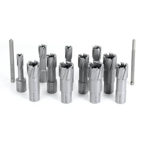 Heavy Duty Carbide TCT Annular Cutter Set For Magnetic Drill Press 13 Piece With Weldon Shank And One And Three Eighths Inch Cutting Depth Includes Pilot Pins Diameters From Half Inch To One And One Eighth Inch Boss Grade OSCARBIDE.