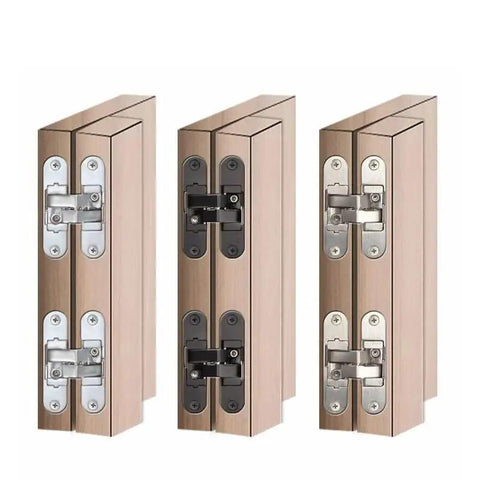 3D Adjustable Hidden Door Hinge for Invisible and Folding Doors, zinc alloy, flat mount, various finishes displayed on wood edges
