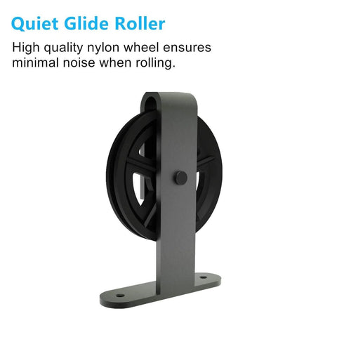 Black Rustic Non-Bypass Sliding Barn Door Hardware Kit for Two Doors with Bent T-Shape Spoke Wheel Design Roller close-up