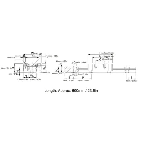 Technical diagram of Automatic Centering Linear Guide Rail for Ceiling System 600 Mm CNC Miniature Guide Rail With Bearing Steel specifications.