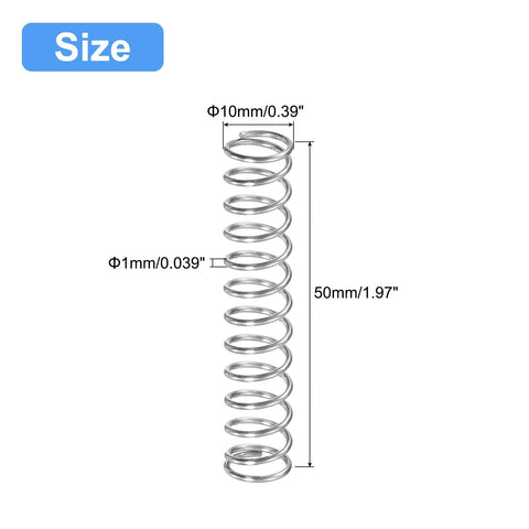 Compression spring, 304 stainless steel, 10mm OD, 1mm wire, 50mm free length, silver-tone