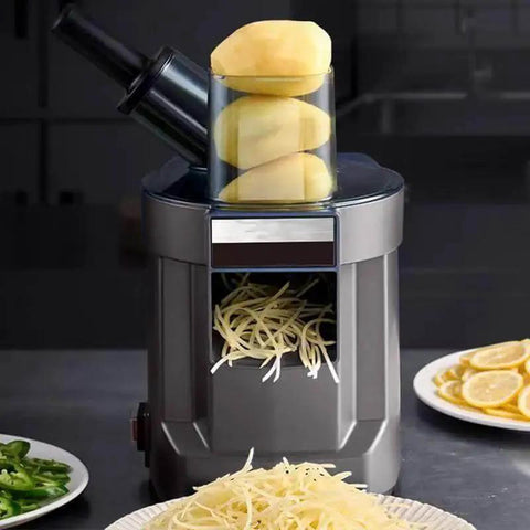 Killer All In One 4 In 1 Electric Vegetable Slicer And Chopper with dual feed chutes slicing potatoes on kitchen counter