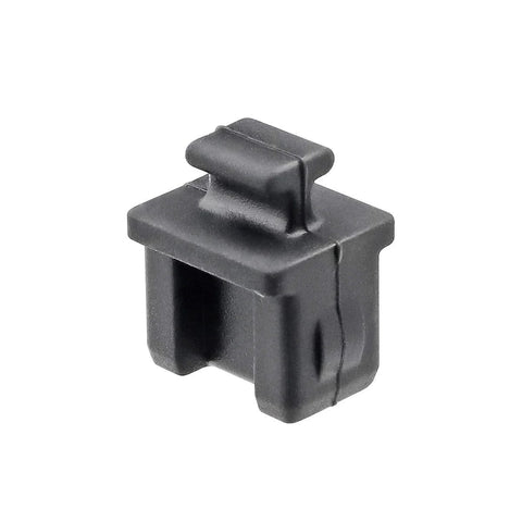 Black silicone SFP port protector cap with top tab, 0.55 x 0.47 x 0.67 in