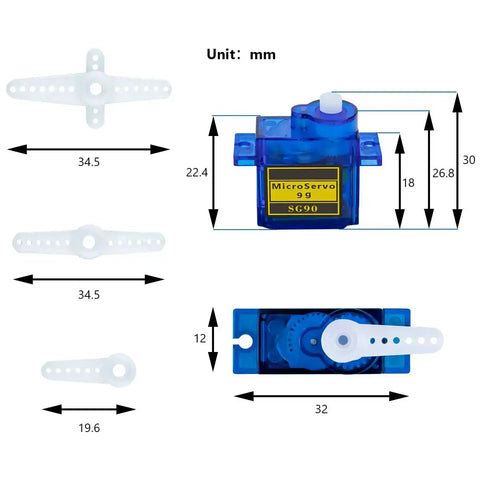 10 Pack SG90 9G Micro Servo Motors For RC Toys And Arduino Projects dimensions and design with JR Futaba interface