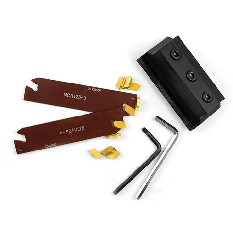 Pro Grade Three Quarters Inch Self Lock Block Tool Holder Set With Adjustable Blade NCIH26 3 And NCIH26 4 Plus Tin Coated GTN 3 And GTN 4 Carbide Inserts For Parting Grooving And Cut Off Jobs SLTBN19 5 Oscarbide with blades and wrenches visible.