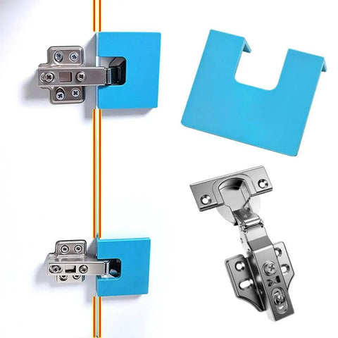 Magnetic Door Hinge Jig For Quick Drill Free Installation And Precise Hinge Alignment displayed with blue guides