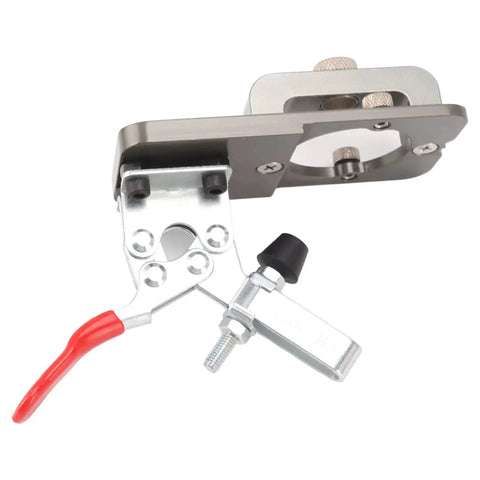 35mm Secret Hinge Boring Jig Kit For Aluminum Alloy Woodworking Guide Locator With Pro Grade Carbide Drilling Adjustable 15 To 25mm Board Thickness Built For Pros And DIY Enthusiasts In Cabinets And Furniture Making, side view showing aluminum alloy body and adjustable components