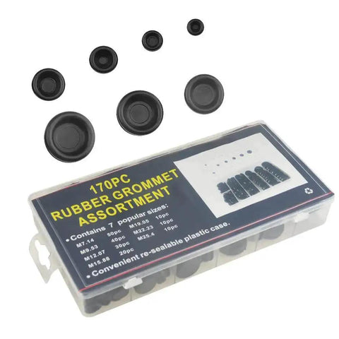 170 Piece Rubber Grommet Kit Dope Round Firewall Plugs For Auto Body And Sheet Metal with black grommets and clear case