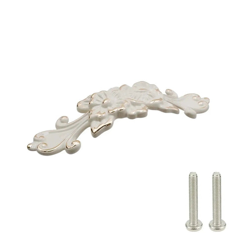 Ivory Decorative Cabinet Pull Handles Set Of 2 Zinc Alloy Flower Drawer Pulls for cabinets, dressers; size 4.84 x 1.18 x 0.9 inches