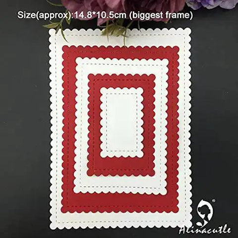 24 Piece Nesting Frame Die Cut Set With Scalloped Borders for card making and paper crafting, red and white rectangle shapes on display