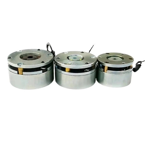 Three silver electromagnetic holding brakes with mounting plates and wiring for servo motors.