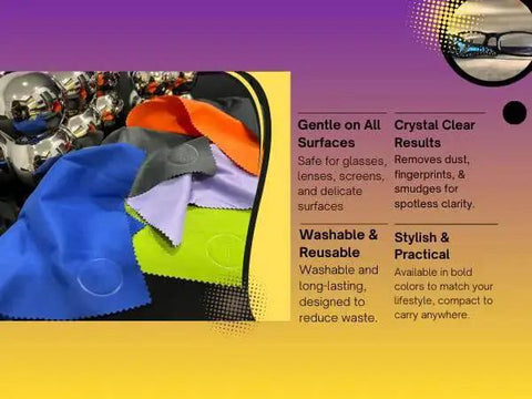 Colorful Microfiber Lens Cleaning Cloth 6 Pack For Glasses Cameras 6x7in 230GSM displayed with features list