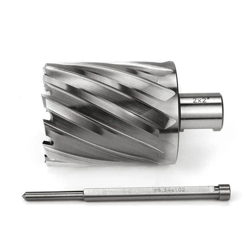 Two Inch Cutting Diameter Annular Cutter For Magnetic Drill Press With Three Quarter Inch Weldon Shank And Two Flat Pilot Pin Two Inch Depth Of Cut Thin Walled Bit For Fast Hole Drilling Oscarbide, showing side view of steel cutter and pilot pin