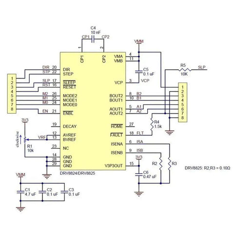 Diagram of DRV8825 Stepper Driver Module With Heatsink For RAMPS 1.4 circuitry, showcasing connections and components for 3D printers.