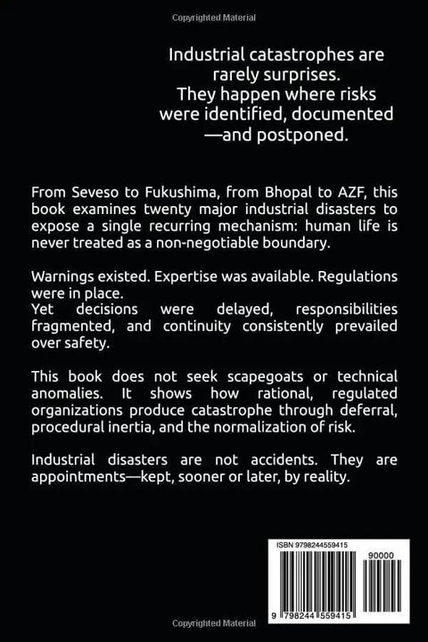 Book back cover: 20 Industrial Disasters by Amazon, white text on black with a barcode visible.
