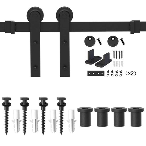 Heavy Duty Black Barn Door Hardware Kit For Five Foot Single Sliding Door Carbon Steel Track Rail J Shape Roller System Easy Install Supports Up To 277 Lbs For 35 Inch Closet Panel Wall Mounted Track Kit shown with components.