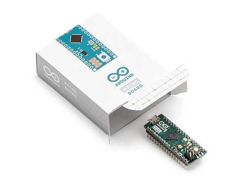 IDE Compatible Microcontroller Board With Headers And ATmega32U4 USB Interface next to packaging