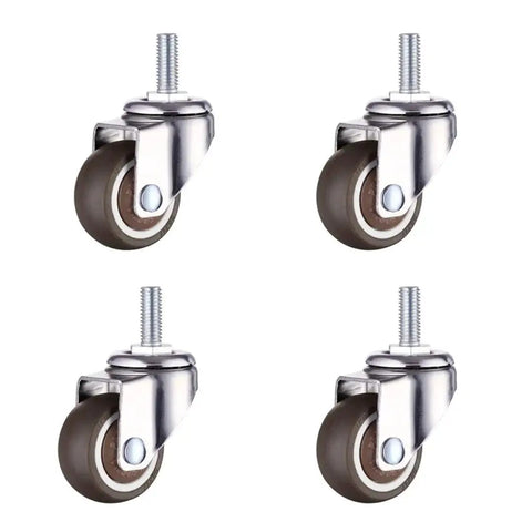 Set of 4 swivel caster wheels with soft rubber TPE, 1 inch diameter, M6x15mm stem, ideal for small carts and furniture. 33lb load capacity.