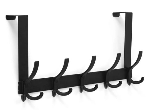 Over-the-door towel rack, black metal, five curved hooks for towels.