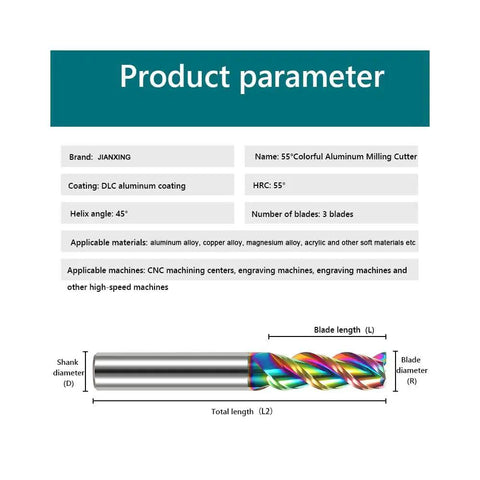 Six Millimeter Carbide Square End Mill For Aluminum And Copper Applications, product specifications, side view, multicolored coating