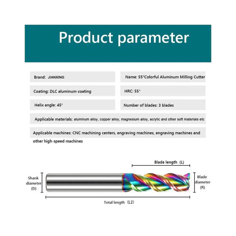 Diagram and specifications of Extra Long 1 Quarter Inch Carbide Square End Mill 4 Inch Overall Length 3 Flute HRC 55 DLC Coated CNC Router Bit.