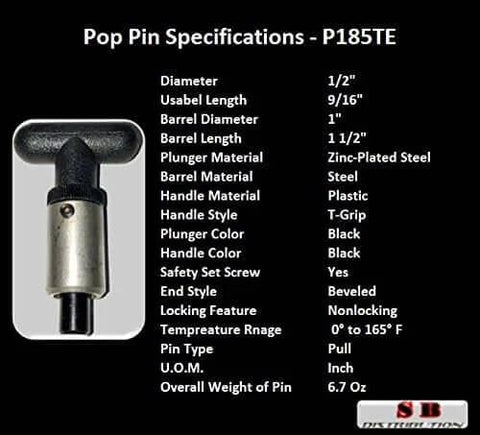 Pack Of Four Heavy Duty Spring Loaded Pull Pins With Weld On Steel Barrel One Inch Diameter And One And Half Inch Length One Half Inch Diameter Steel Plunger Black Plastic T Handle Two And Quarter Inch Wide Knurled Lock Nut With Safety Set Screw For industrial use specifications