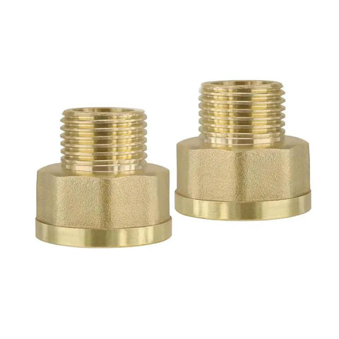 Two brass pipe fittings; 3/4 in NPT to 1/2 in NPT reducer adapters, hex body, front view