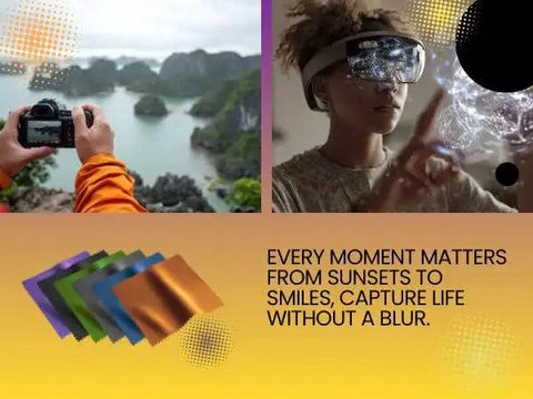 Person using camera with scenic view, person wearing virtual reality headset, and colorful Microfiber Lens Cleaning Cloth 6 Pack For Glasses Cameras 6x7in 230GSM.