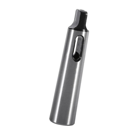 Side view of Morse taper drill sleeve adapter MT1–MT2, silver metal with black tapered end and side slot.