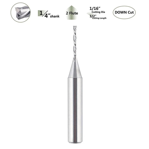 Down Cut Spiral Router Bit One Sixteenth Inch Cutting Diameter With One Quarter Inch Shank For Woodworking And CNC Routers