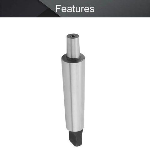 Side view of MT-2 Morse taper adapter shaft with drill chuck arbor in silver metal