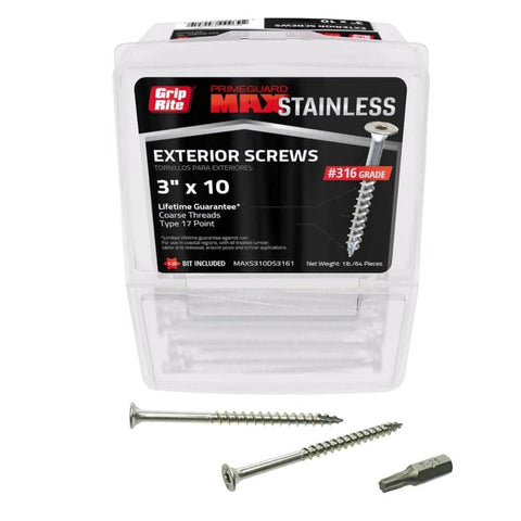 316 Stainless Steel Deck Screws No. 10 x 3 Inch With T25 Star Drive Coarse Thread For Cedar And Outdoor Wood Use In Wet Coastal Areas Exterior Fasteners 1 Pound Box Built To Last displayed with packaging and screws visible