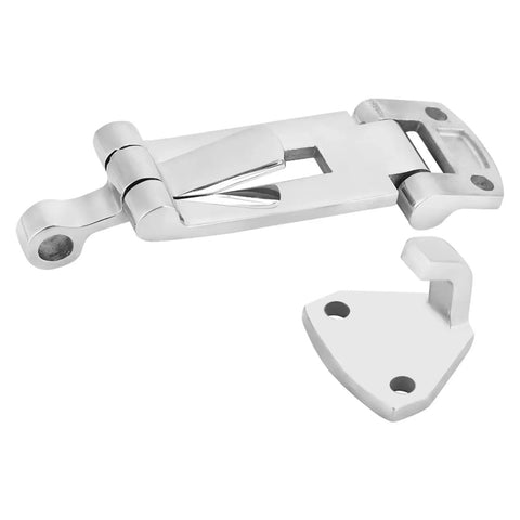 Front view of a 316 stainless steel boat hatch latch clamp with mounting plate, anti-rattle, 120mm