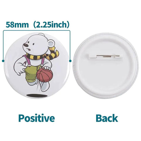 58mm blank pin-back button; white round badge with cartoon bear holding a basketball, front printed, back with metal pin clasp.