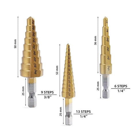 Titanium Coated Step Drill Bit Set For Aluminum Wood And Plastic Holes High Speed Steel Cone Bits Multi Size Unibit 3 Piece Kit For DIY Enthusiasts Aleric