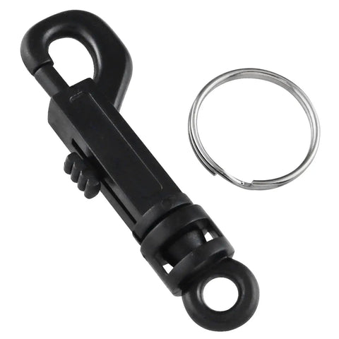 Black plastic clasp with metal keyring, part of Eight Pack Plastic Clasp Swivel Snap Keychain Clips With 360 Degree Rotation